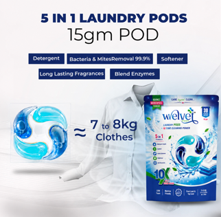 Welvet Wash best-selling 5-in-1 laundry pods 15gm main packet in Ahmedabad Gujarat